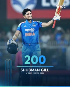 Shubman Gill celebrates his record-breaking double century during India vs West Indies 2nd ODI 2026 in Guwahati
